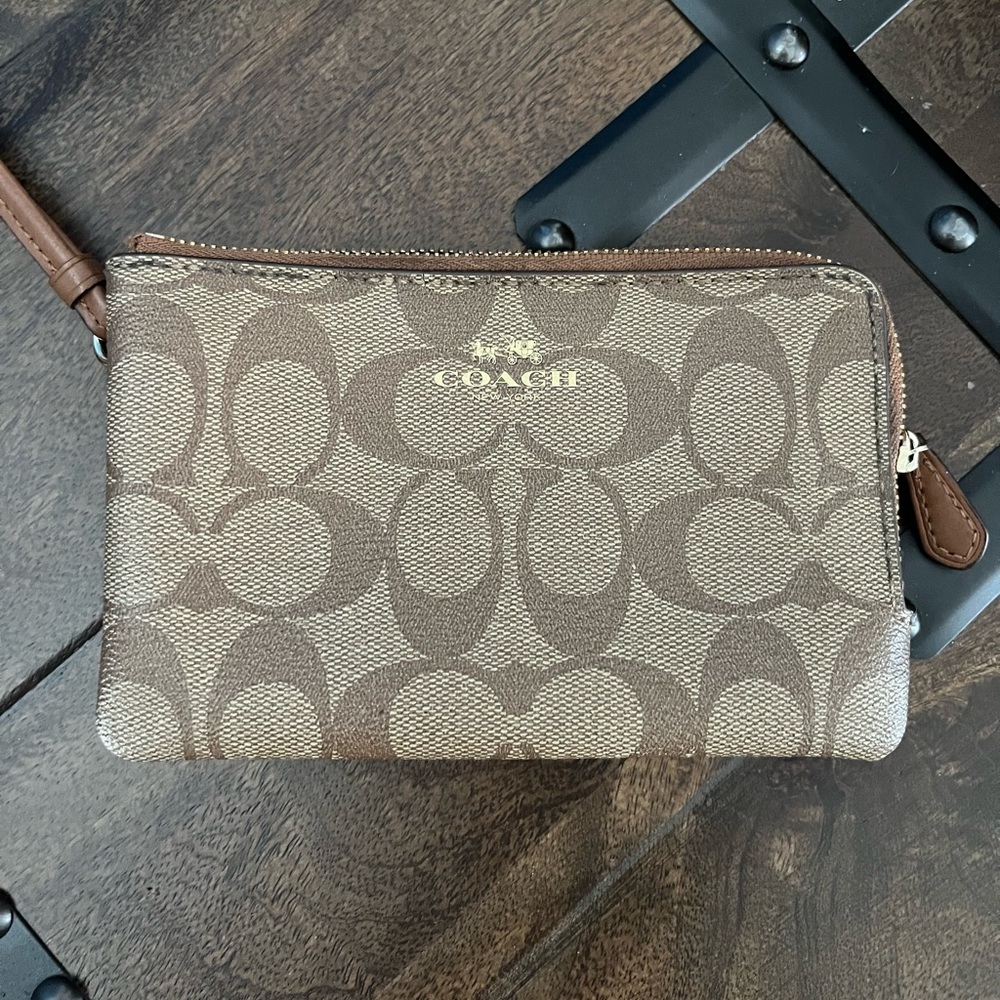 Camel Brown double pocket Coach wristlet